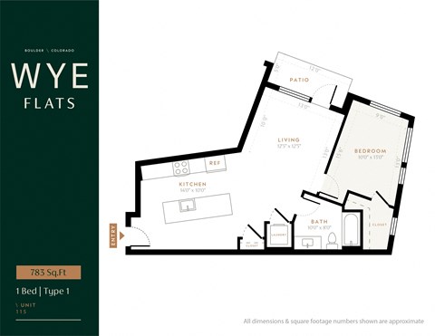Floor plan for 1 bed, 1 bath, 797 sqft